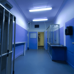 Brightly lit police station interior.