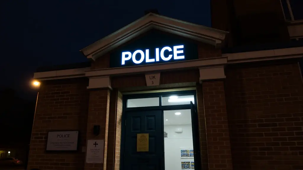 Illuminated police station entrance at night