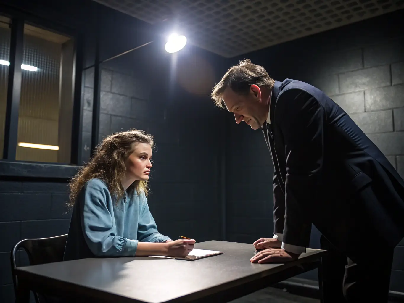 A close-up shot of a person's face in a police interview room, with a concerned expression, emphasizing the importance of understanding one's rights.